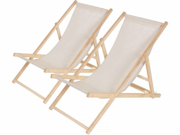 Lot de 2 Transats en Bois "Chilienne" Ecru – Pliable et Empilable – Idéal Jardin, Piscine, Balcon