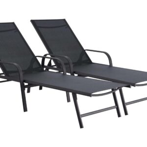 Lot de 2 Bains de soleil en métal "Farniente" - Noir, sièges réglables et résistants