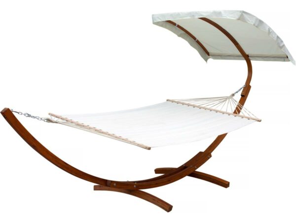 Hamac en Bois "Dallas XL" avec Toile Coton, Auvent Ecru - Relaxation & Jardin