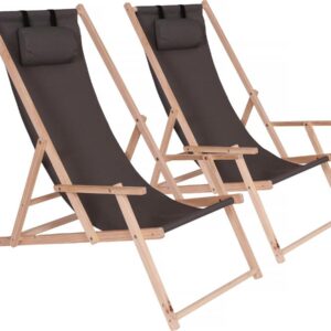 Lot de 2 Transats en Bois "Chilienne" Pliable avec Accoudoirs - Gris Foncé - 107 x 56.5 x 81 cm