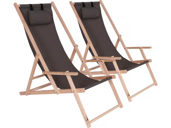 Lot de 2 Transats en Bois "Chilienne" Pliable avec Accoudoirs - Gris Foncé - 107 x 56.5 x 81 cm