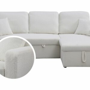 Canapé d'angle convertible et réversible "Alain" - 3 places, Bouclettes, Blanc, avec coffre de rangement