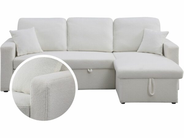 Canapé d'angle convertible et réversible "Alain" - 3 places, Bouclettes, Blanc, avec coffre de rangement