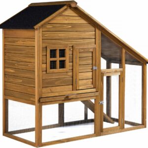 Poulailler en Bois "Lily" Marron avec Pondoir, Enclos Grillé Waterproof et Toit Anti-UV – Dimensions 140x60x120 cm