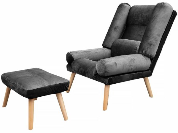 Fauteuil avec Repose-Pieds "Lila" Argent en Velours - Design Scandinave et Confort Optimal