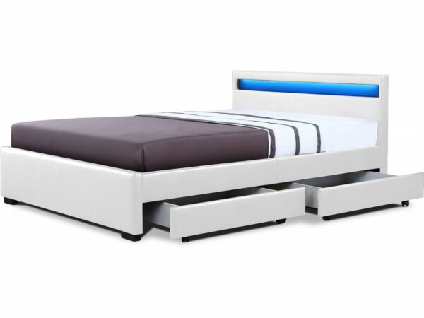 Lit Double LED "Nico" avec 4 Tiroirs Blanc 160x200 cm – Design Moderne & Rangement Optimisé