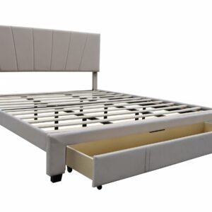 Lit double en velours beige "Théa" 180x200 cm avec tiroir de rangement et sommier à lattes