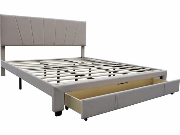 Lit double en velours beige "Théa" 180x200 cm avec tiroir de rangement et sommier à lattes