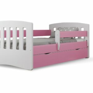 Lit enfant "Classic" Rose 160 x 80 cm avec tiroir et barrière de sécurité – Idéal pour la transition