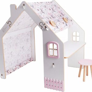 Maisonnette pour Enfant en Bois "Bianelli" avec Bureau et Éclairage LED – Beige/Rose, 114 x 93 x 120 cm