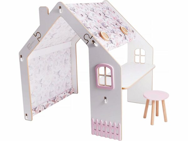 Maisonnette pour Enfant en Bois "Bianelli" avec Bureau et Éclairage LED – Beige/Rose, 114 x 93 x 120 cm