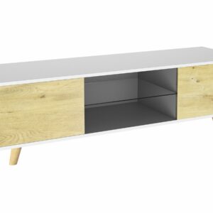 Meuble TV LED "Inna" Blanc/Chêne - Dimensions 140x42x45 cm | Rangement Moderne avec Éclairage Intégré