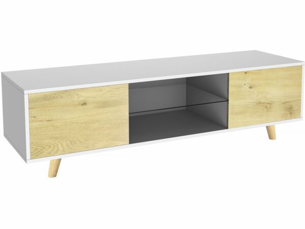 Meuble TV LED "Inna" Blanc/Chêne - Dimensions 140x42x45 cm | Rangement Moderne avec Éclairage Intégré