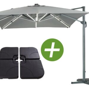 Parasol jardin déporté LED Alu "Sun 3 Luxe" - Carré - 3 x 3 m - Coloris gris - Dalles lestées incluses