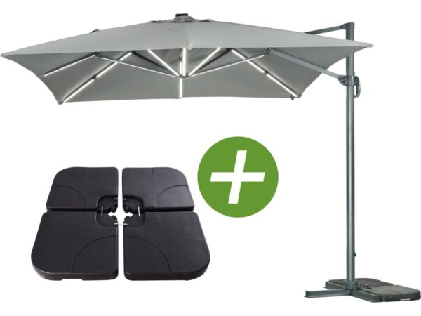 Parasol jardin déporté LED Alu "Sun 3 Luxe" - Carré - 3 x 3 m - Coloris gris - Dalles lestées incluses