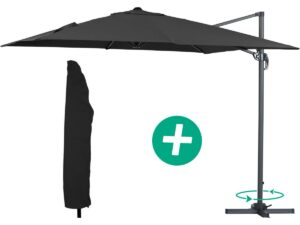 Parasol jardin déporté Alu « Sun 3 » – Carré – 3 x 3 m – Noir + housse de protection
