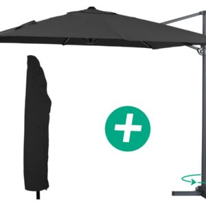 Parasol jardin déporté Alu "Sun 3" - Carré - 3 x 3 m - Noir + housse de protection