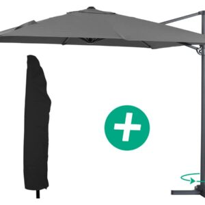 Parasol jardin déporté Alu "Sun 3" - Carré - 3 x 3 m - Gris + housse de protection