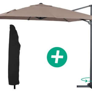 Parasol jardin déporté Alu "Sun 3" - Carré - 3 x 3 m - Taupe + housse de protection