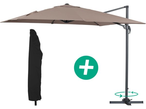 Parasol jardin déporté Alu "Sun 3" - Carré - 3 x 3 m - Taupe + housse de protection