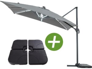 Parasol jardin déporté LED Alu « Sun 4 Luxe » – Rectangle – 3 x 4 m – Gris – Dalles à lester incluses