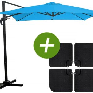 Parasol Jardin Déporté Carré "Soleil" 2,5 x 2,5 m Bleu avec Dalles à Lester Inclus – Résistant, Facile à Manœuvrer et Pivotant à 360°