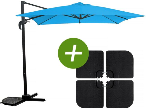 Parasol Jardin Déporté Carré "Soleil" 2,5 x 2,5 m Bleu avec Dalles à Lester Inclus – Résistant, Facile à Manœuvrer et Pivotant à 360°