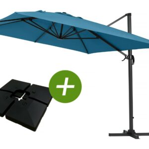 Parasol déporté en aluminium "Sun 4" 3x4 m - Bleu avec dalles à lester inclus