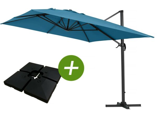 Parasol déporté en aluminium "Sun 4" 3x4 m - Bleu avec dalles à lester inclus
