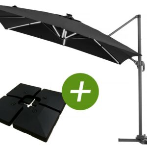 Parasol Jardin Déporté LED Alu "Sun 4 Luxe" 3x4 m Rectangle – Rotation 360°, Éclairage Solaire, Dalles à Lester Inclues