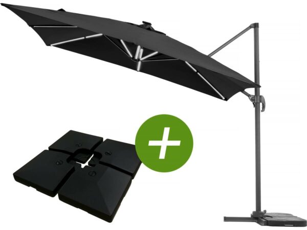 Parasol Jardin Déporté LED Alu "Sun 4 Luxe" 3x4 m Rectangle – Rotation 360°, Éclairage Solaire, Dalles à Lester Inclues