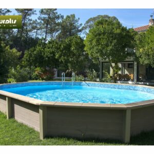 Piscine en béton aspect bois en kit décagonale allongée "Naturalis 2" - Dimensions 7.77 x 4.74 m