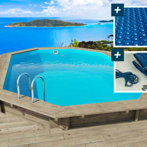 Piscine en bois "Miami 130" octogonale 4.86x3.36m avec bâche à bulles et bâche hiver – Rénovation et aménagement extérieur