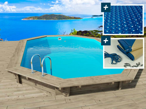 Piscine en bois "Miami 130" octogonale 4.86x3.36m avec bâche à bulles et bâche hiver – Rénovation et aménagement extérieur