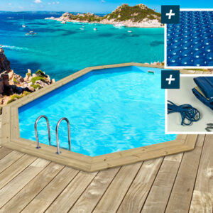 Piscine en Bois "Cancun" Octogonale 6,53m x 4,41m x 1,45m avec Bâche à bulles et accessoires - Production Européenne FSC