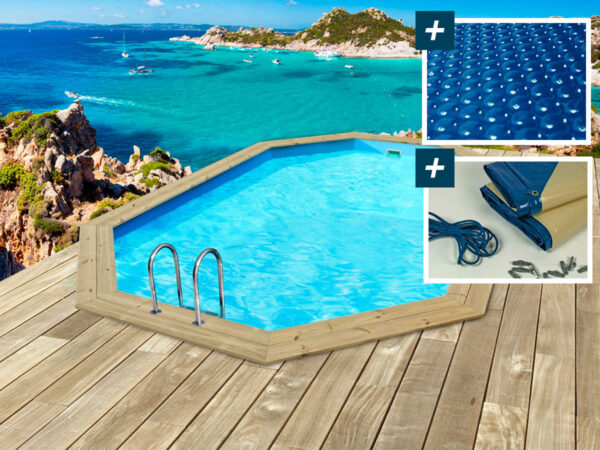 Piscine en Bois "Cancun" Octogonale 6,53m x 4,41m x 1,45m avec Bâche à bulles et accessoires - Production Européenne FSC