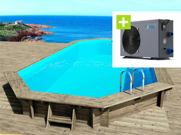 Piscine en bois "Cancun" 6,53x4,41m avec Pompe à Chaleur 6,1 kW - Installation Facile et Design Élégant