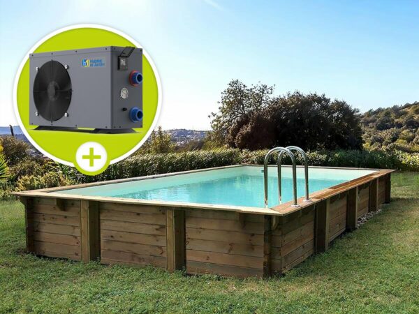 Piscine Bois en Kit Rectangle Tampa 145 avec Pompe à Chaleur 6.1 kW – Installation Semi Enterrée ou Hors Sol