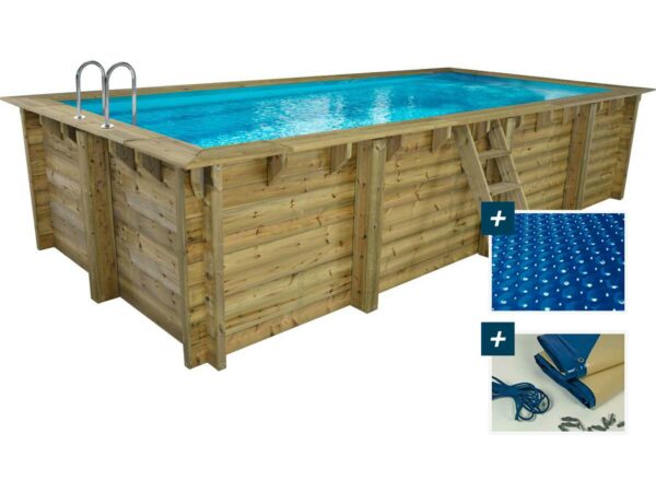 Piscine en Bois Rectangle "Tobago" 6.20 x 3.00 m - Kit Hors Sol avec Bâche à Bulles et Hiver