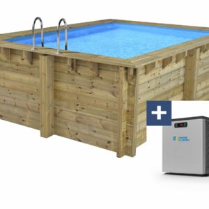 Piscine en bois rectangle "Caimans" 4.10 x 3.00 m avec mini pompe à chaleur 3.5 kW – Structure en pin autoclave FSC, installation facile