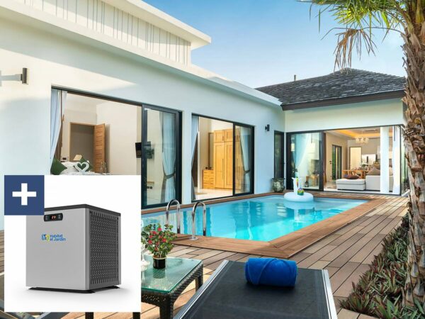 Piscine en bois rectangle "Aruba" 5x3m avec mini pompe à chaleur 3.5kW – Structure robuste en pin traité et filtration performante