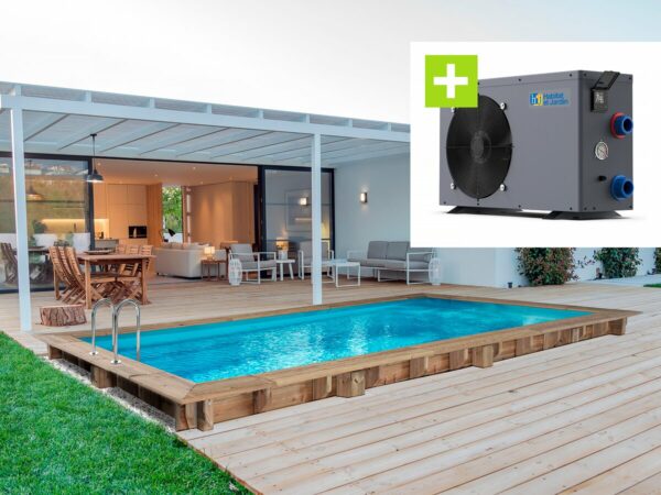 Piscine en bois rectangulaire "Tobago" 6.20 x 3.00 m avec pompe à chaleur 6.1 kW - Installation hors sol, semi-enterrée ou enterrée