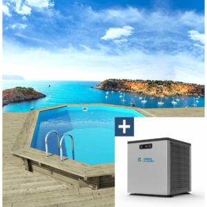 Piscine en bois "Miami 130" avec Mini Pompe à Chaleur 3.5 kW - Format Octogonal 4.86 x 3.36 m