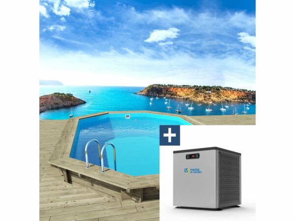 Piscine en bois "Miami 130" avec Mini Pompe à Chaleur 3.5 kW - Format Octogonal 4.86 x 3.36 m