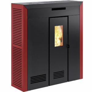 Poêle à granulés "Daglan Slim 9" 9 kW - Faible encombrement, Programmation et WiFi - Rouge / Anthracite