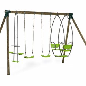 Portique en Bois "Nelio" avec 2 Balancoires, Vis-à-Vis et Nacelle – Amusement sécurisé pour Enfants de 3 à 12 ans