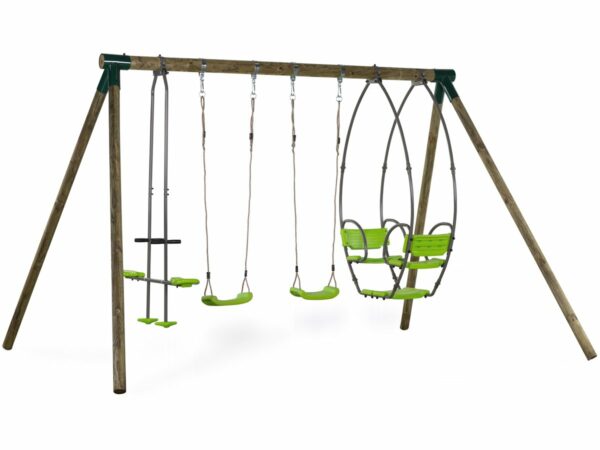 Portique en Bois "Nelio" avec 2 Balancoires, Vis-à-Vis et Nacelle – Amusement sécurisé pour Enfants de 3 à 12 ans