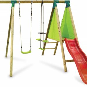 Portique en Bois "Kida" avec Toboggan, Balançoire, Face-à-Face et Nacelle – Structure Résistante & Sécurisée pour Enfants