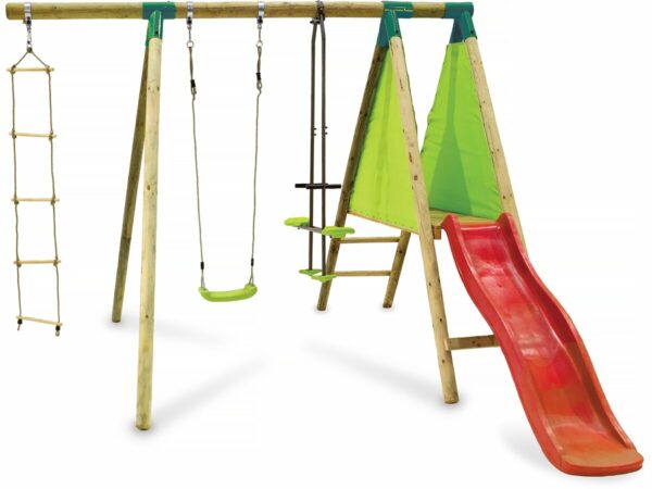 Portique en Bois "Kida" avec Toboggan, Balançoire, Face-à-Face et Nacelle – Structure Résistante & Sécurisée pour Enfants