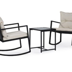 Salon de Jardin en Résine Tressée "Sami" – 2 Fauteuils à Bascule Noir/Beige avec Table Basse